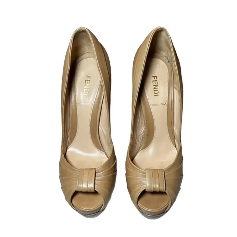 Fendi Fendista Beige Nude Leather Peep Toe Platform Pumps Heels EU 36.5 US 6.5